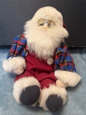 Plush Santa Ornament in Red with Blue Plaid Jacket